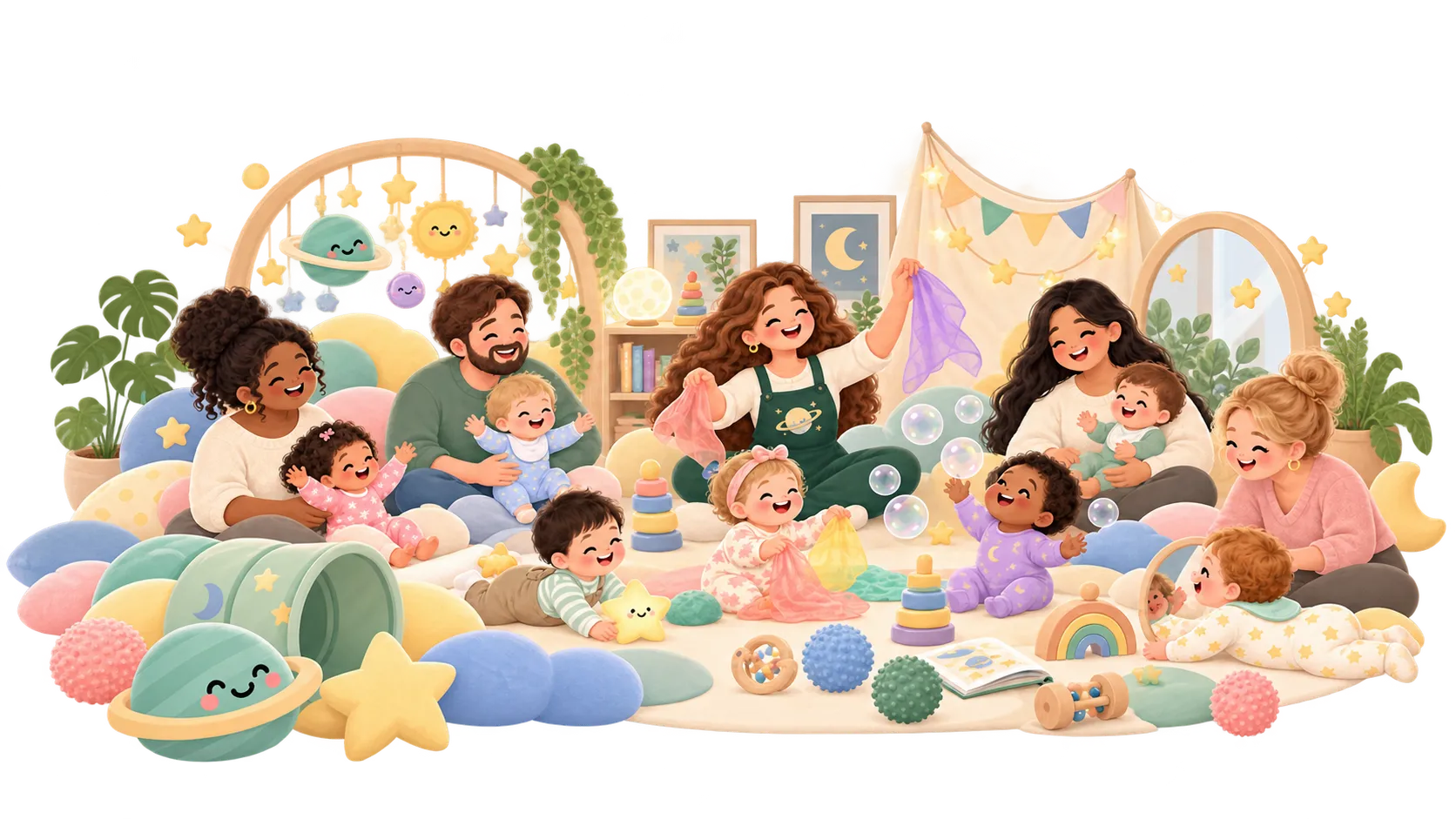 Parents and babies playing together with bubbles, scarves and soft toys at a Little Planets class